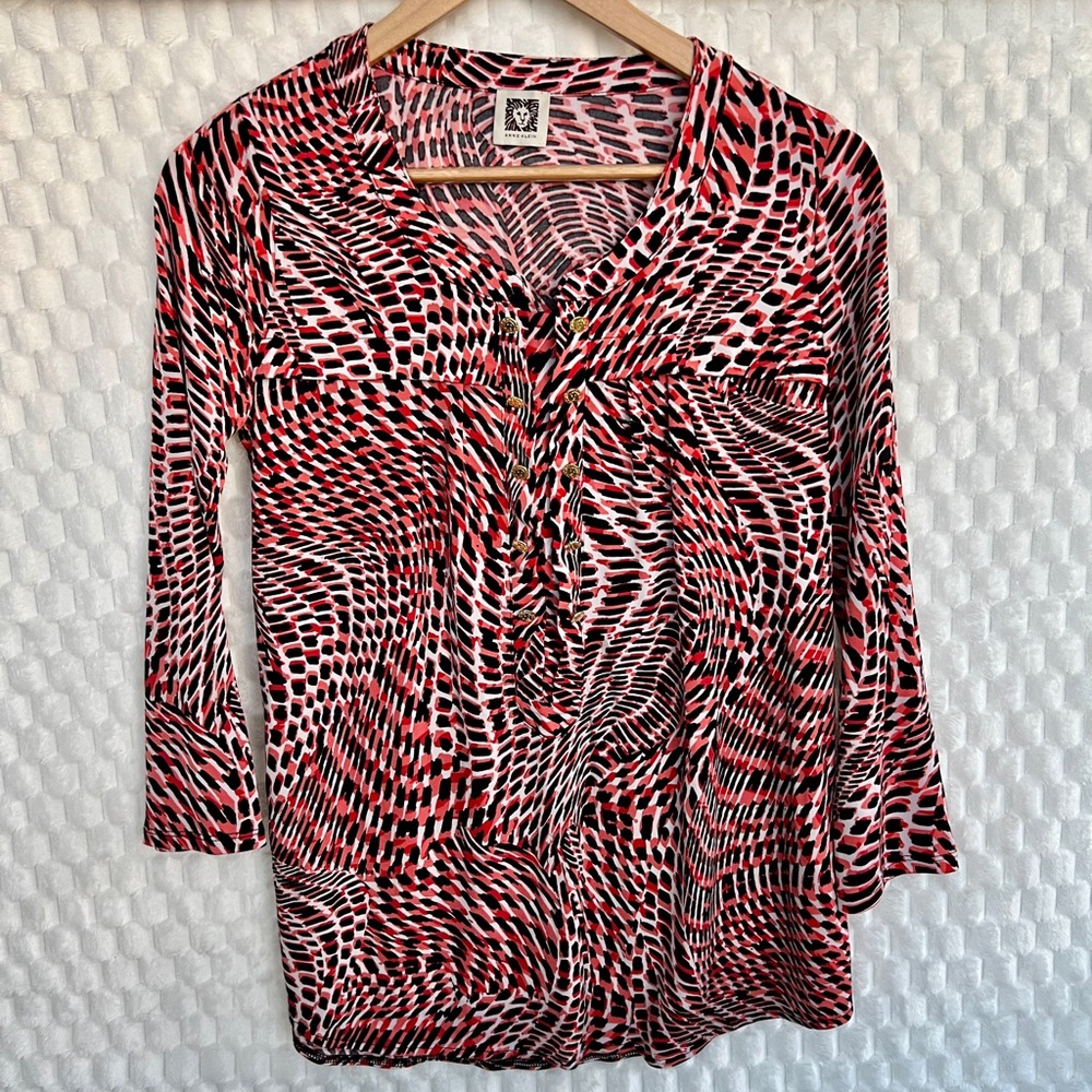 Anne Klein 3/4 Sleeve V-neck Animal Print Red and Black Top - Size Small